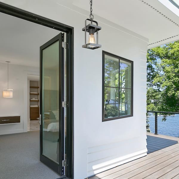 Modern Lantern Outdoor Hanging Light, Rhett 1-Light Rustic Black Cage Outdoor Pendant Light with Clear Glass Shade