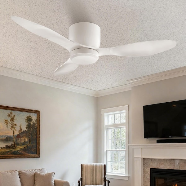 42 in. Smart White Flush Mount Outdoor Ceiling Fan Light with Remote Control and Alexa/Voice/Google Assistant/Wi-Fi/App