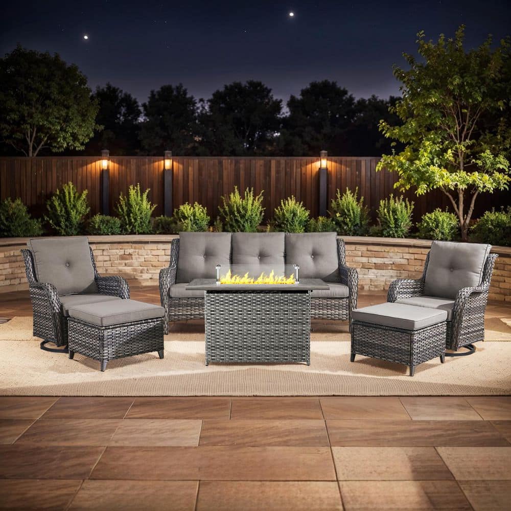 Arcline 6-Piece Gray Wicker Fire Pit Conversation Set with Olefin Gray Cushions and Swivel Glider Rocking Chairs/Couch price history on PriceWatchPro