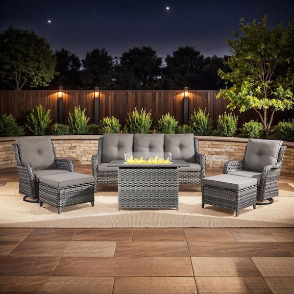 moosprr Arcline 6-Piece Gray Wicker Fire Pit Conversation Set with Olefin Gray Cushions and Swivel Glider Rocking Chairs/Couch