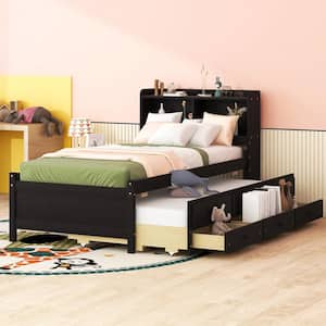 Espresso(Brown) Wood Frame Twin Platform Bed with Twin Trundle, 3-Drawer, Storage Headboard with LED Light, USB Charging
