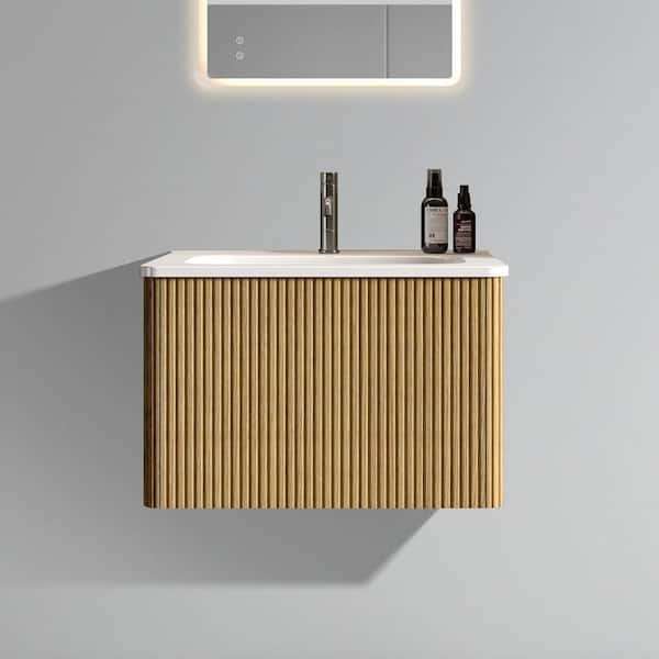 INSTER ENYA 24 in. W. x 18.3 in. D x 15.6 in. H Single Sink Floating Bath Vanity in Natural Oak with White Ceramic Top