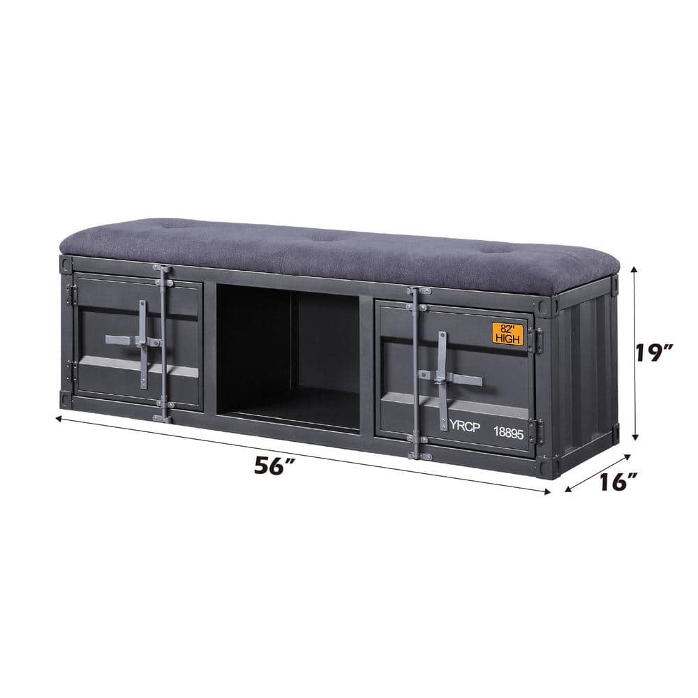 Contemporary Gray Fabric Cargo Storage Bench, 56" Gunmetal Accents