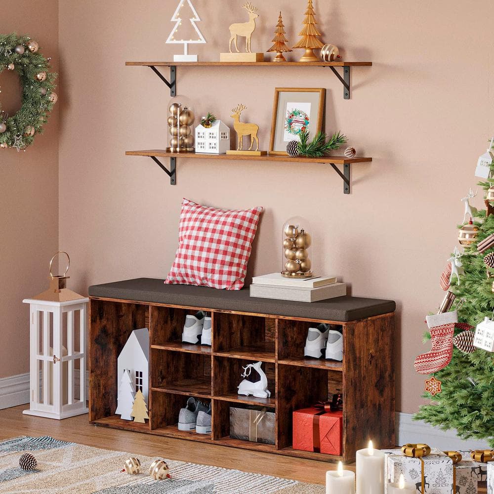 Rustic Brown 55" Wood Floating Shelves with Metal Brackets