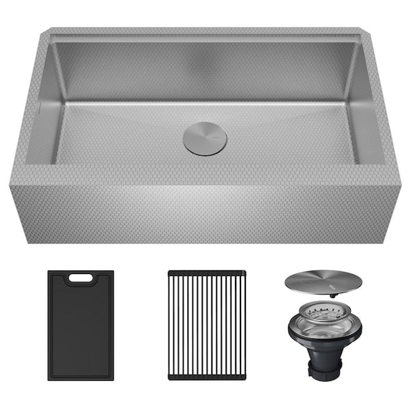 Matrix 33 in. Apron Front Farmhouse Single Bowl 16 Gauge Stainless Steel Workstation Kitchen Sink