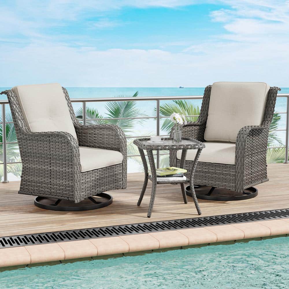3-Piece Wicker Patio Swivel Outdoor Rocking Chair Set with Beige Cushions and Side Table price history on PriceWatchPro