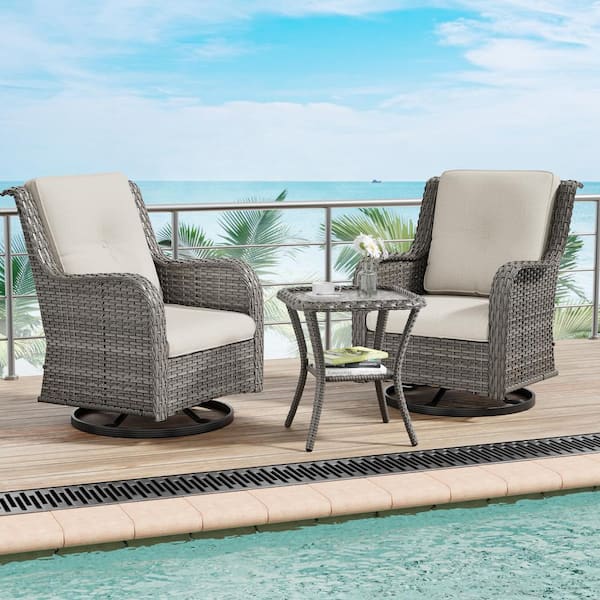 Gardenbee 3-Piece Wicker Patio Swivel Outdoor Rocking Chair Set with Beige Cushions and Side Table
