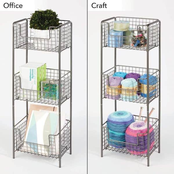 mDesign Steel Freestanding 3-Tier Storage Organizer Tower with Baskets -  Black