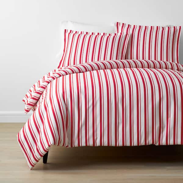 Company Kids by The Company Store Company Kids Stripe 3-Piece Red Organic Cotton Percale Full Duvet Cover Set