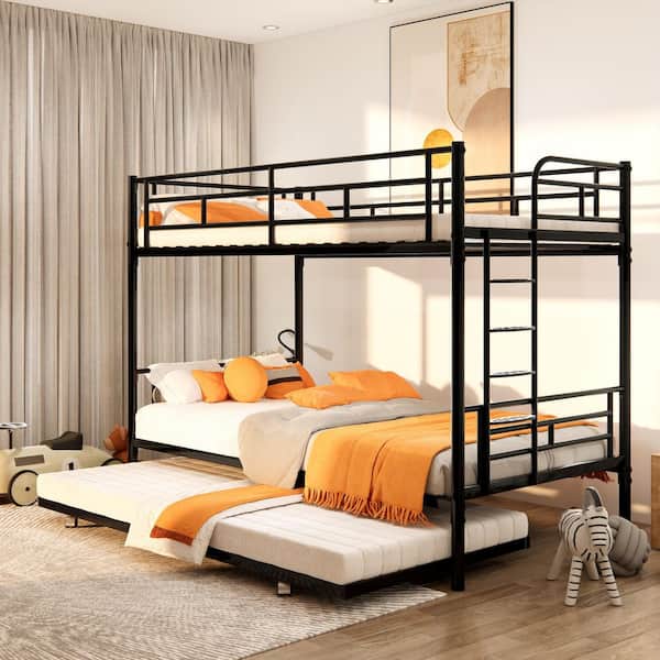 Black Twin Over Twin Metal Bunk Bed with Trundle with Removable Ladder, Comfortable Rungs, Heavy Duty, Easy To Assemble