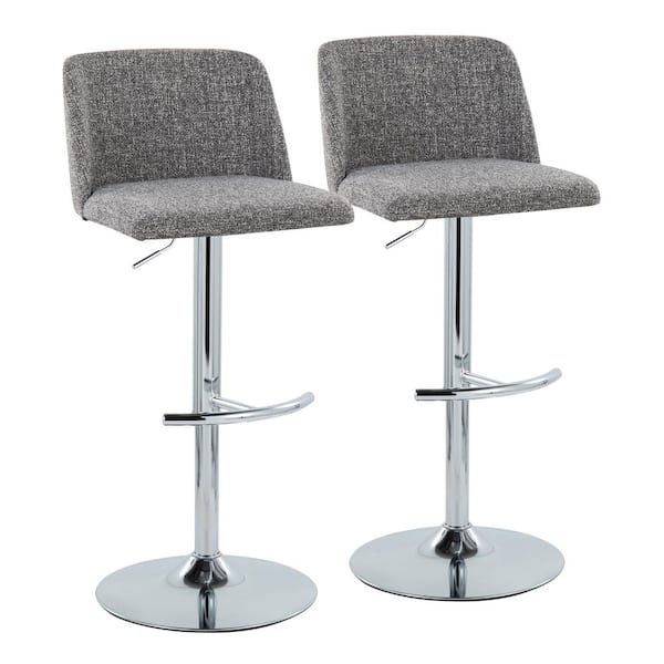 Lumisource Toriano 33 in. Grey Noise Fabric and Chrome Metal Adjustable Bar Stool with Rounded T Footrest (Set of 2)