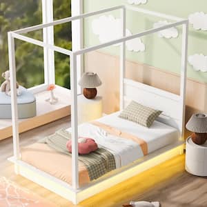 White Wood Frame Twin Size Canopy Bed with LED Light and Support Slats
