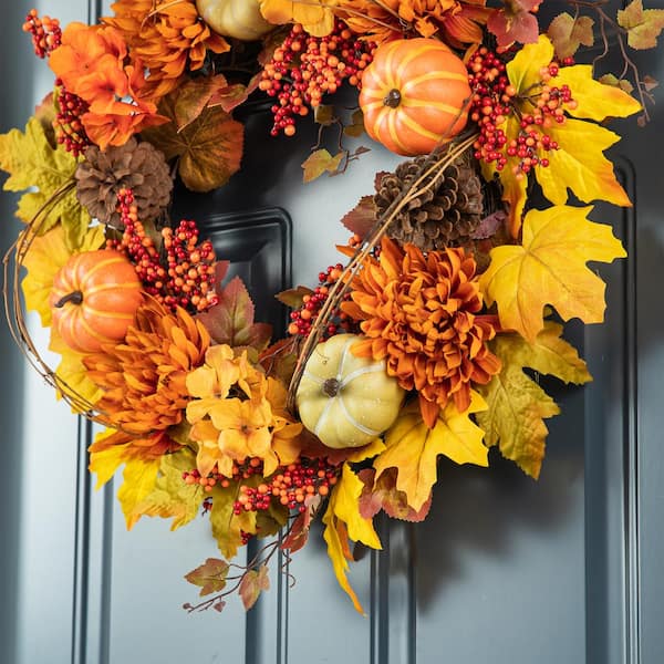 Glitzhome 24 in. D Fall Unlit Dahlia Pumpkin, Leaf and Berry
