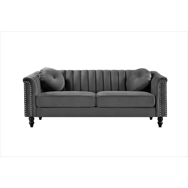 US Pride Furniture Hills 75.2 in. Rolled Arm Velvet Straight 3-Seater Sofa in Gray
