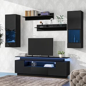 Black 5 Pieces Floating TV Stand Fits TV's up to 75 with Storage Cabinets, Shelves, Drawer, and 16-color LED Light