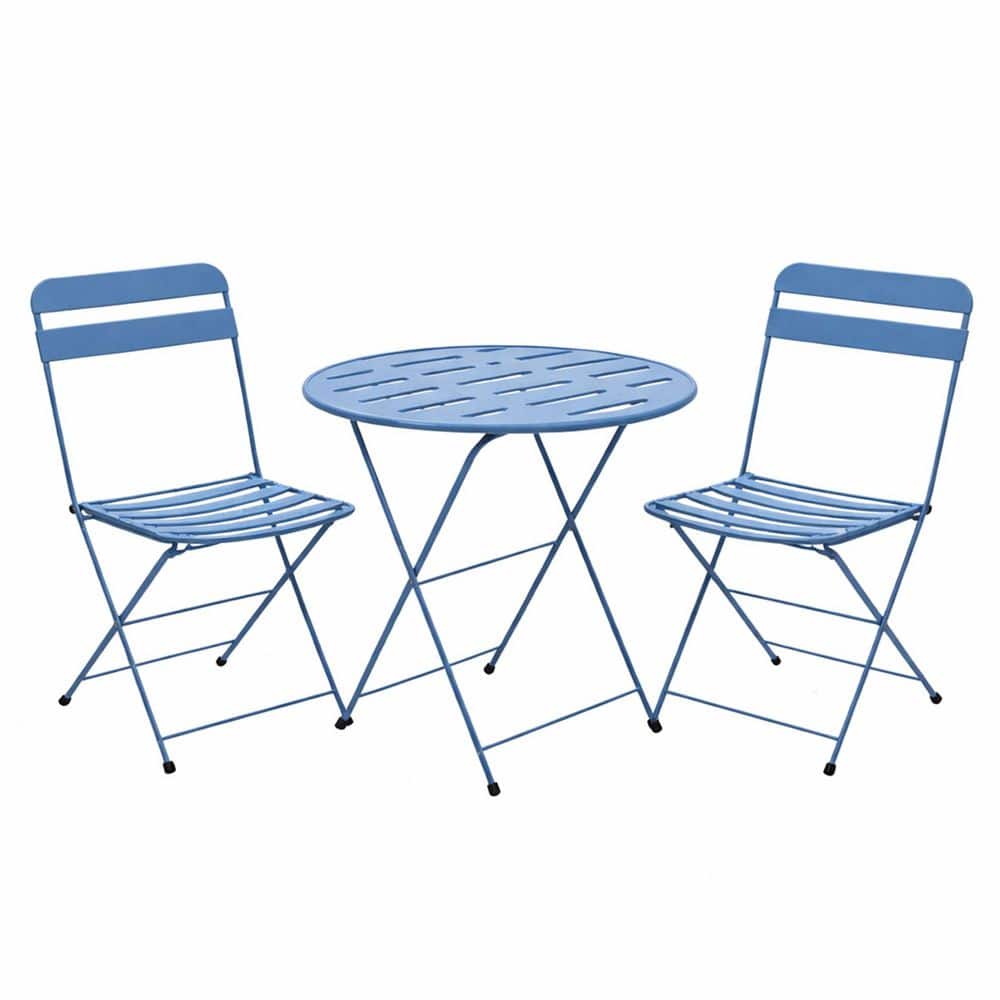 3-Piece Blue Metal Folding Bistro Set-20 in. Round Patio Table with 2 Folding Chairs-Balcony & Garden Furniture Set price history on PriceWatchPro
