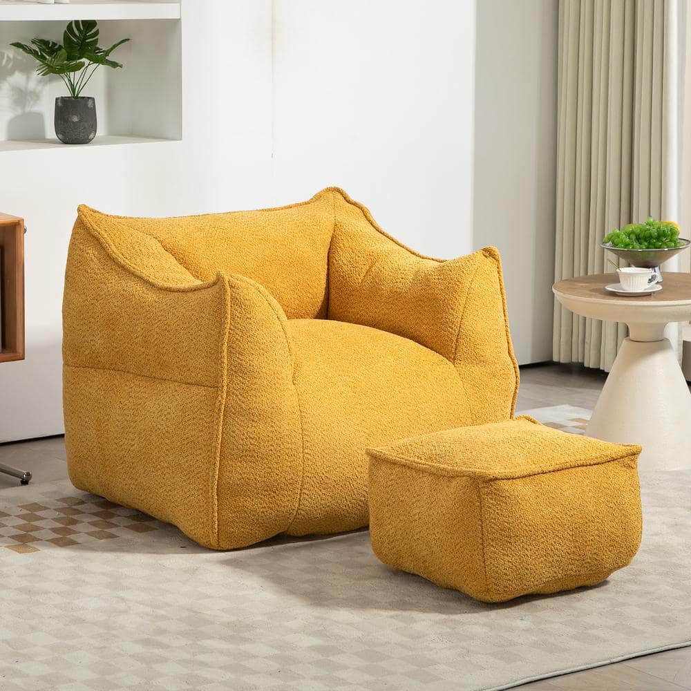 Accent Bean Bag Chair with Ottoman Latitude Run Fabric or Leather Type Mustard Yellow Boucle