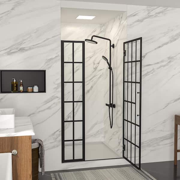 LORDEAR 34 in. to 34-4/5 in. W x 72 in. H Semi-Frameless Pivot Shower Door in Matte Black with Pattern Glass
