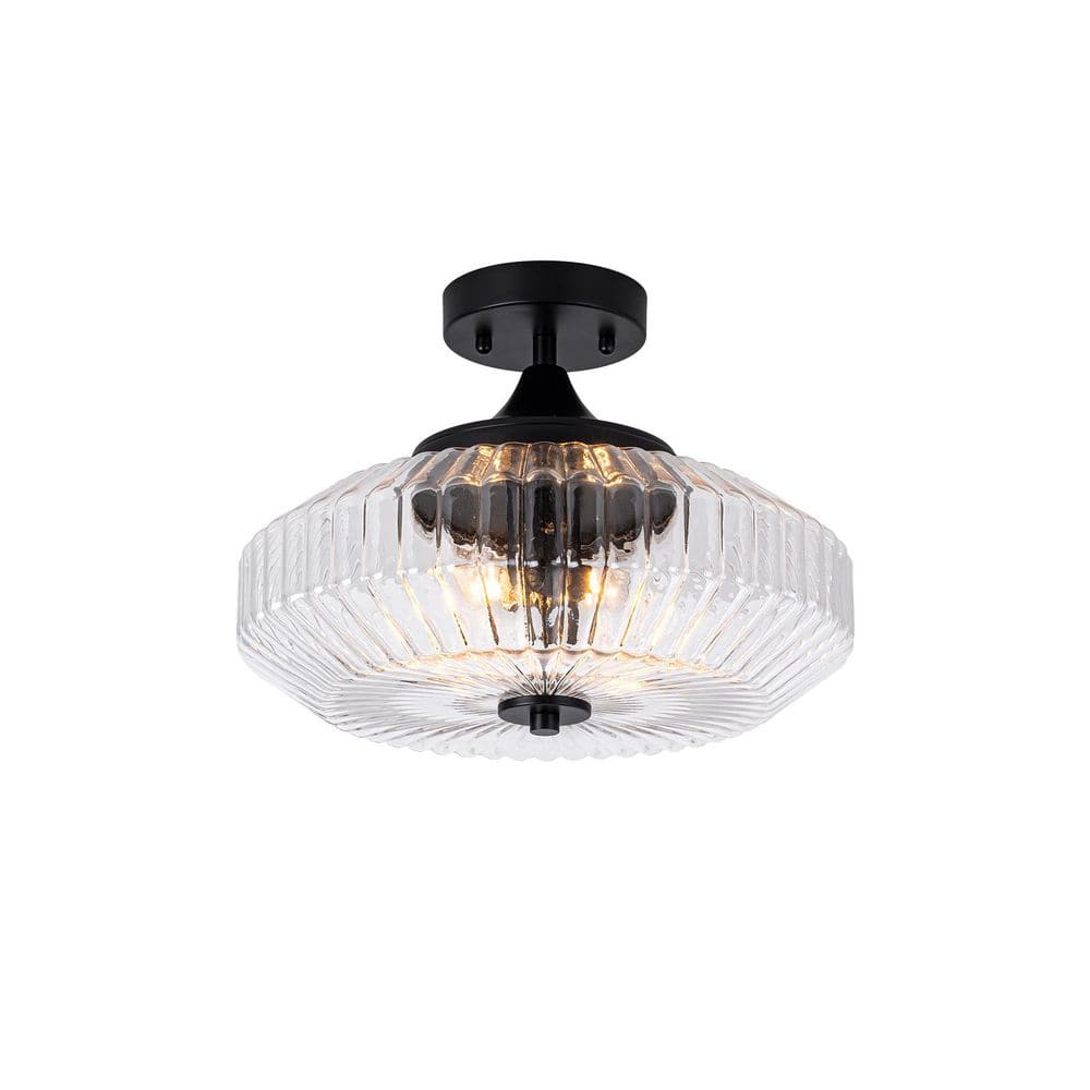 Corning 14 in. 2-Light Matte Black Drum Semi-Flush Mount Ceiling Light/Pendant with Clear Ribbed Glass Shade price history on PriceWatchPro