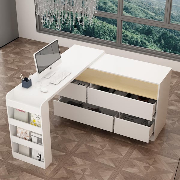 Ikazs Wood Computer Moving Desk WhiteSimple White Finish Office Computer  Desk/Workstation/Study Table with Large Storage Drawer by DMF