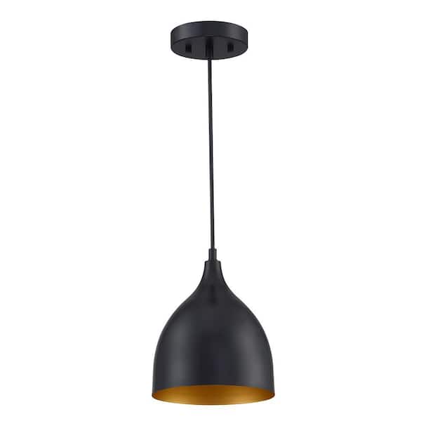 1-Light Matte Black Mini Pendant Finish with Gold-Painting Inside Shade