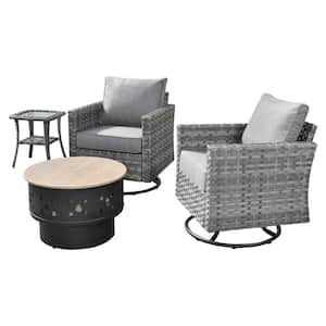 Eufaula Gray 4-Piece Wicker Patio Conversation Swivel Chair Set with a Wood-Burning Fire Pit and Dark Gray Cushions