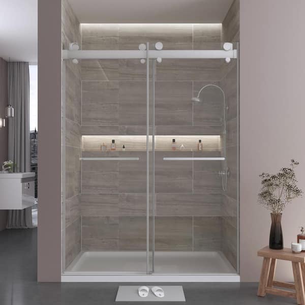 Unbranded 73 in. W x 78 in. H Double Sliding Door Frameless Corner Shower Enclosure in Brushed Silver with 5/16 in. Tempered Glass