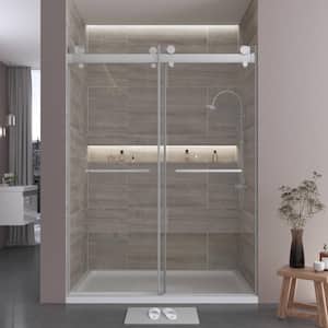 73 in. W x 79 in. H Double Sliding Door Frameless Corner Shower Enclosure in Brushed Silver with 5/16 in. Tempered Glass