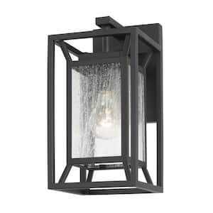 Harbor View 1-Light Sand Black Outdoor Wall Lantern Sconce with Clear Seeded Glass