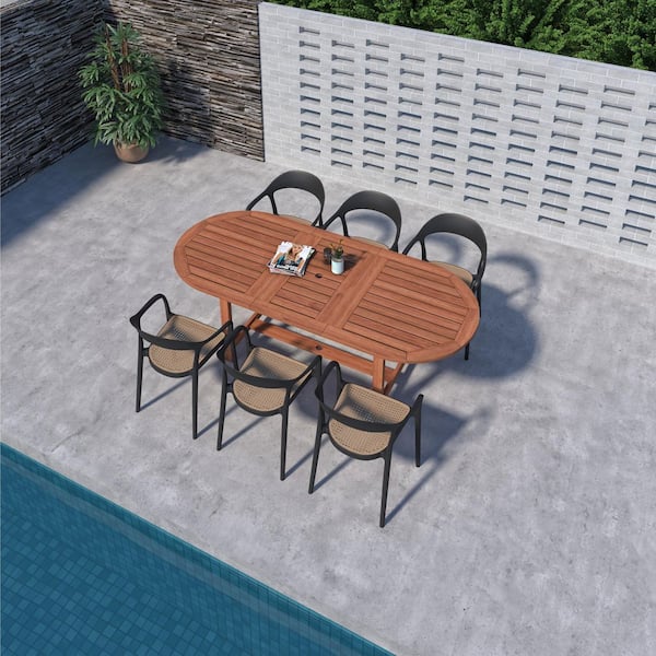 Conigli 7-Piece Dark Teak Finish Wood 100% FSC Oval Patio Dining Set Black