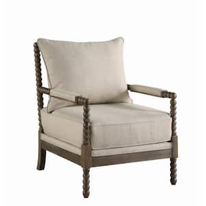 Beige and Brown Cushioned Back Fabric Upholstered Spindle Accent Chair