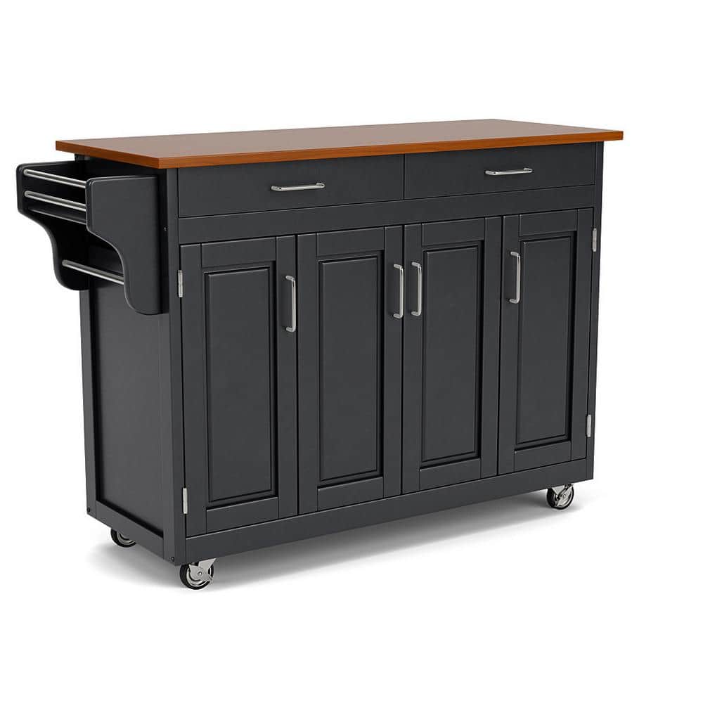 Black Wood Kitchen Cart with Oak Top and Storage