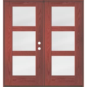 Modern 72 in. x 80 in. 3-Lite Left-Active/Inswing Satin Etched Glass Redwood Stain Double Fiberglass Prehung Front Door