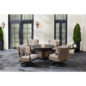 Hazelhurst 5-Piece Brown Wicker Outdoor Patio Fire Pit Seating Set with CushionGuard Stone Gray Cushions