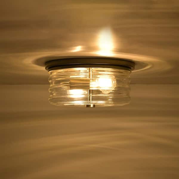 Lumin 2-Light 11 in.W Brushed Nickel Flush Mount Round Drum Ceiling Light with Water Circle Glass Clear Glass for Froyer