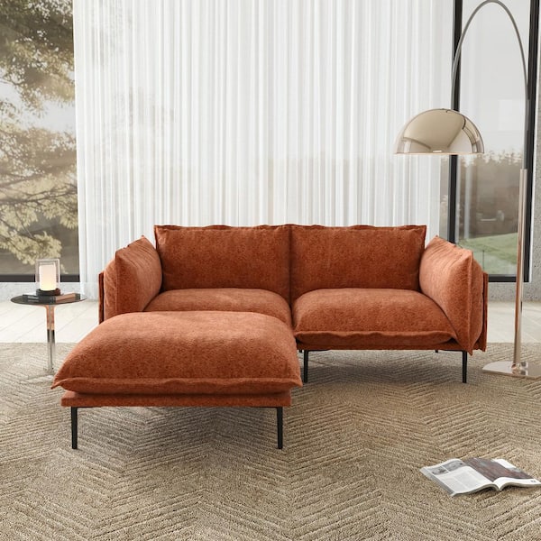 Robot Cleaner 75 in. Tapered Arm Velvet Loveseat Modular Sofa with Ottoman, High Legs for Small Space in Orange