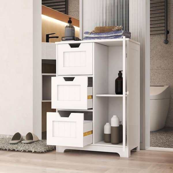 23.62 in. W x 11.8 in. D x 39.57 in. H White Bathroom Standing Storage  Linen Cabinet with 3-Drawers and 1-Door