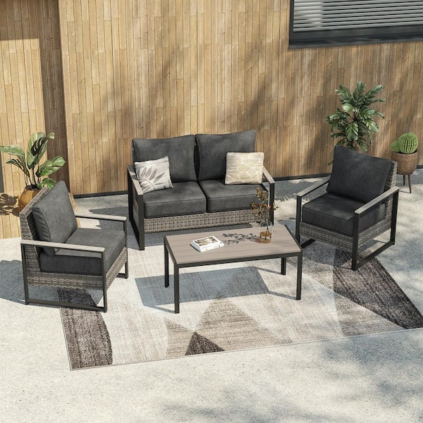 4 Pieces Patio Conversation Set with Coffee Table and Ottomans Gray Wicker Loveseat Sofa with Black Cushion
