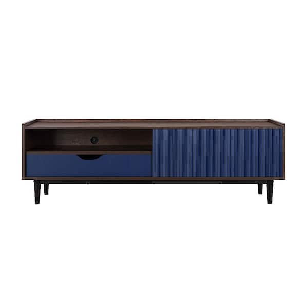 Manhattan Comfort Duane Dark Brown and Navy Blue Mid-Century Modern Ribbed TV Stand Fits TVs Up to 55 in. with Cable Management