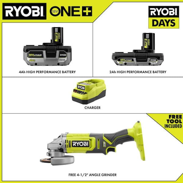 ONE+ 18V HIGH PERFORMANCE Kit w/ 4.0 Ah Battery, 2.0 Ah Battery, Charger, & FREE ONE+ Cordless 4-1/2"Angle Grinder