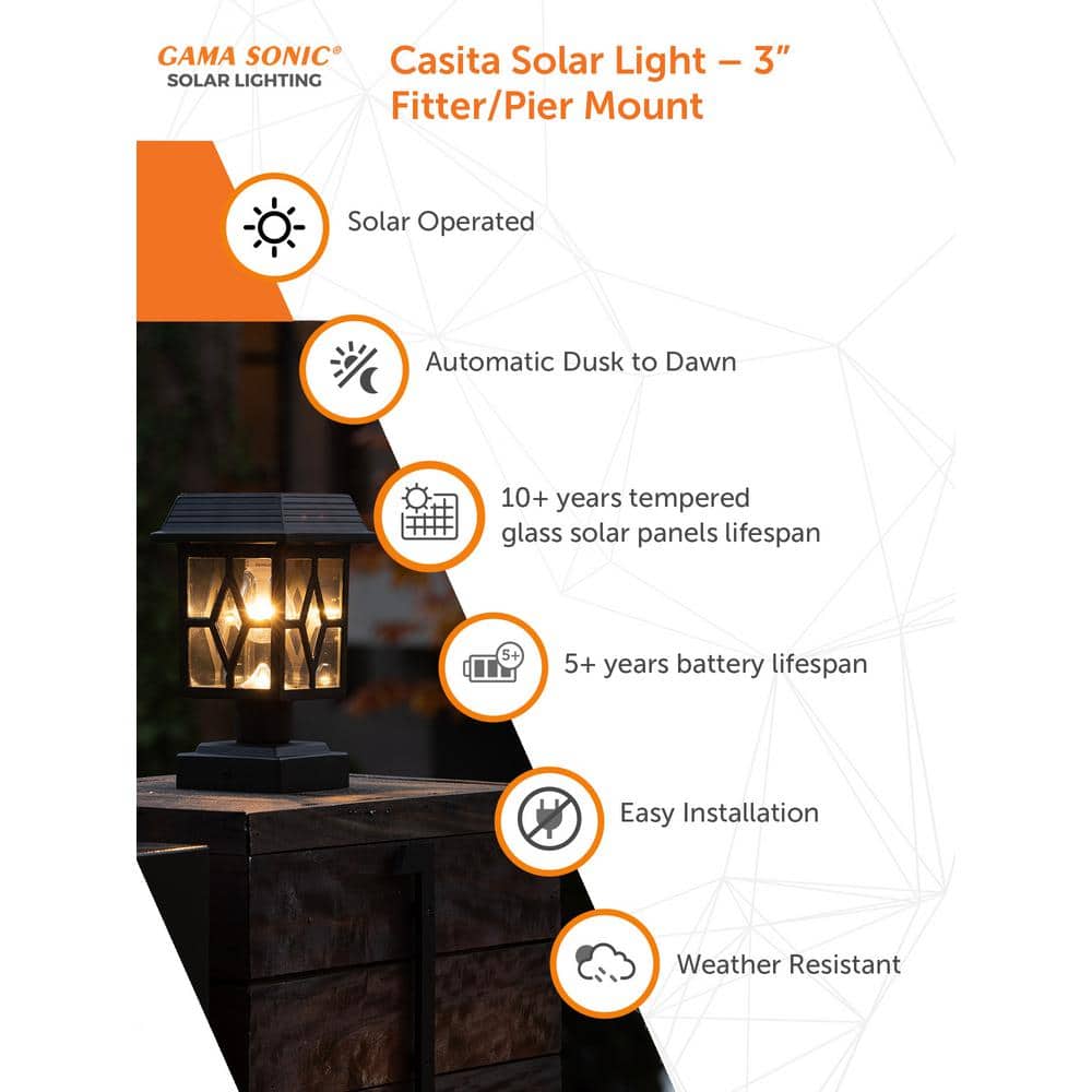 Casita Black Cast Aluminum Solar LED Lamp Post with Beveled Glass