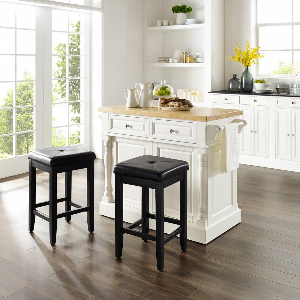 White Wood Kitchen Island with Black Stools