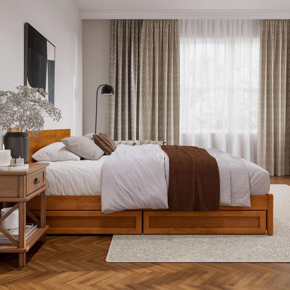 Wesley King Light Toffee Wood Platform Bed with Storage Drawers