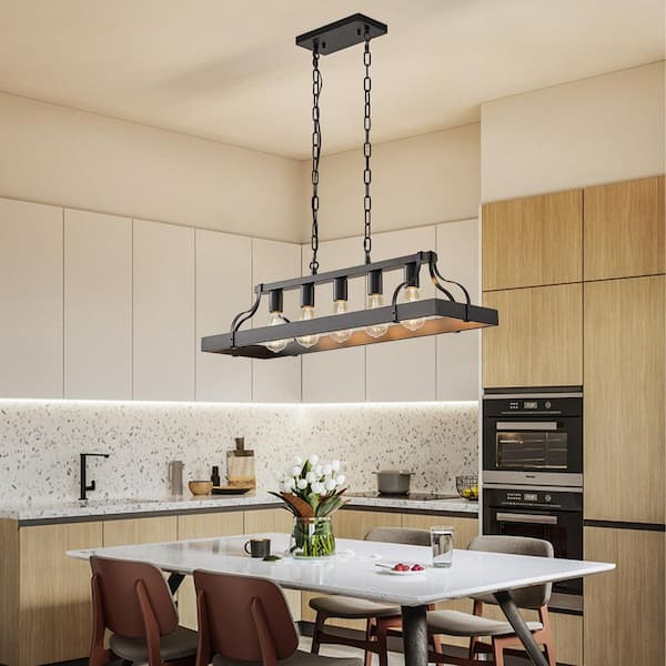 5-Light Black Kitchen Island Chandelier Modern Rectangular Dining Room Chandelier