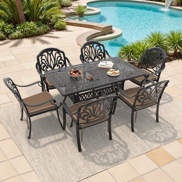 Elizabeth Black 7-Piece Cast Aluminum Outdoor Dining Set with Rectangle Table and Dining Chairs and Brown Cushion
