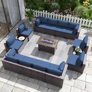 15-Piece Wicker Patio Conversation Set with 55000 BTU Gas Fire Pit Table and Glass Coffee Table and Cushions Navy Blue