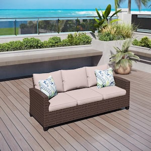 Dark Brown Rattan Wicker Outdoor Patio 3 Seat Sofa Couch with Beige Cushions