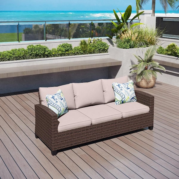 PHI VILLA Dark Brown Rattan Wicker Outdoor Patio 3 Seat Sofa Couch with ...