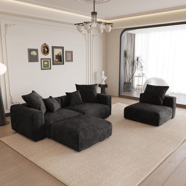 141.7 in. Reversible Modular 4-Piece Corduroy L-Shaped Sectional Sofa with Deep Seats and Ottoman in Black