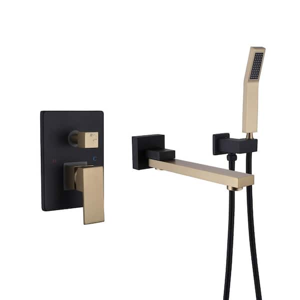 Single-Handle Wall-Mount Roman Tub Faucet with Hand Shower Brass Bathtub Filler with Sprayer in Matte Black and Gold
